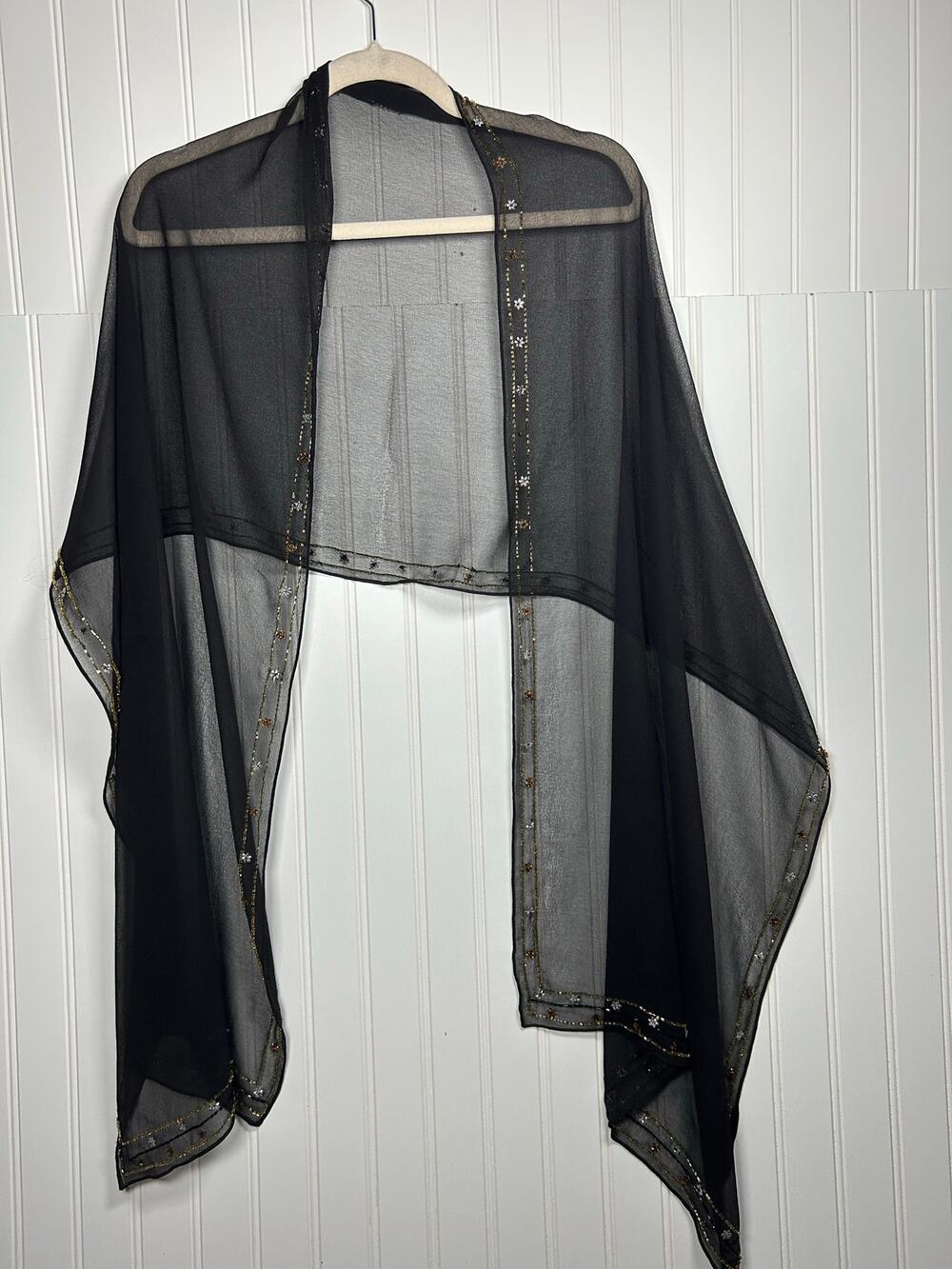 Sheer Beaded Scarf black Romantic Whimsigoth Gothic Evening Formal Glam 74”X20”
